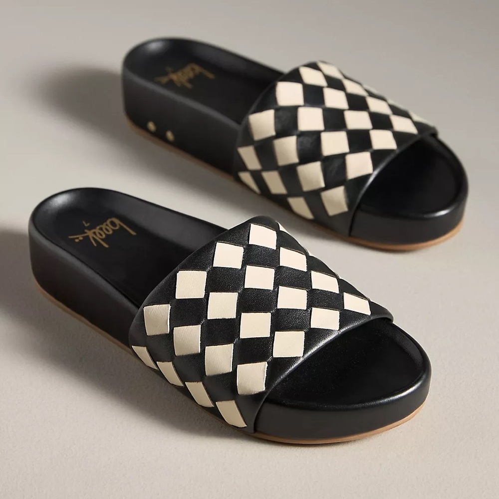 Beek Pelican Slide Sandals - Woven Oxford Leather - Black & Eggshell NEW